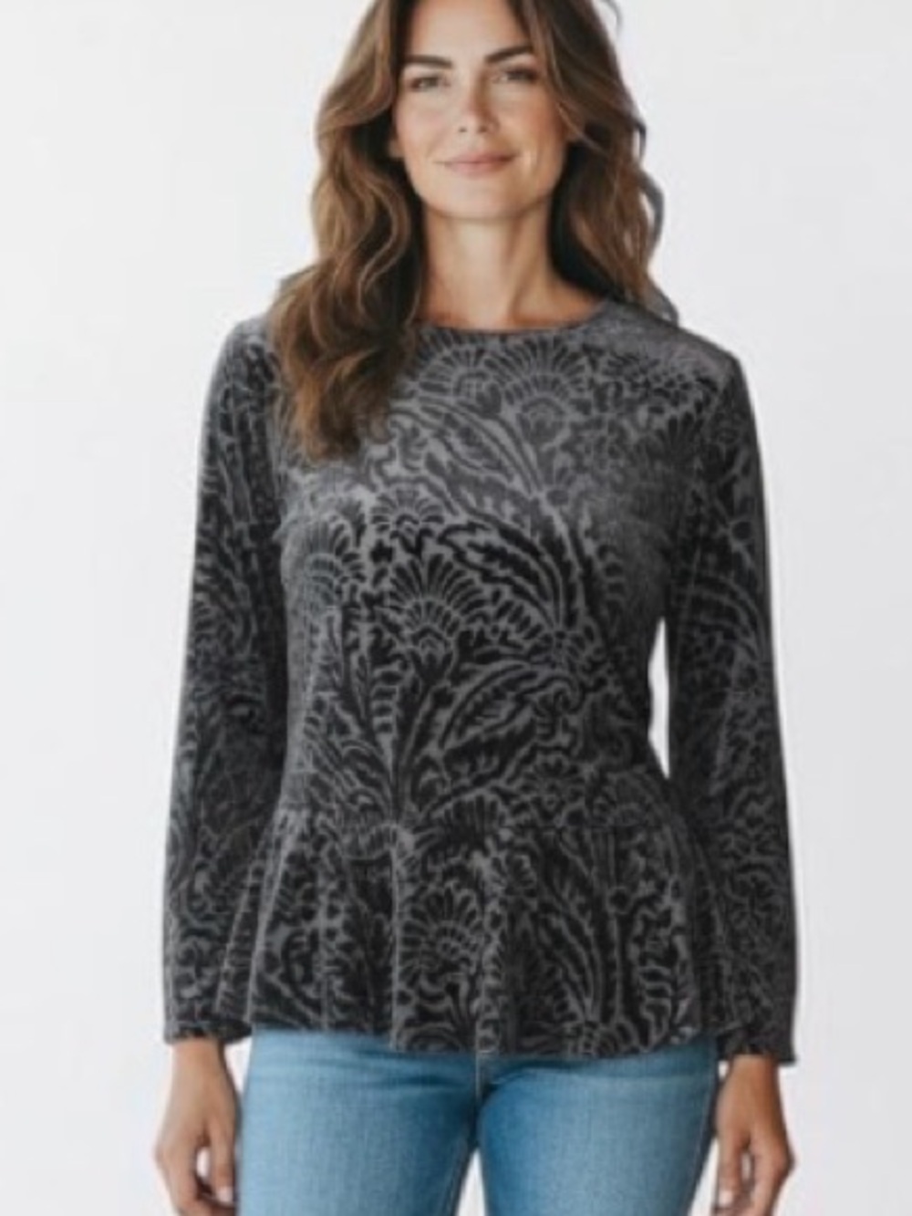 Ralph Lauren Charcoal Gray Velvet Peplum Tunic Top blouse size PM